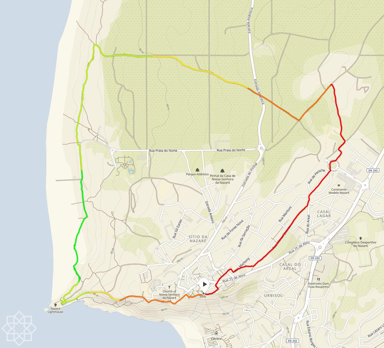 6,5 km jogging o vandring i Sítio, Nazaré. Start och mål vid pilen. Vi tar varvet moturs.