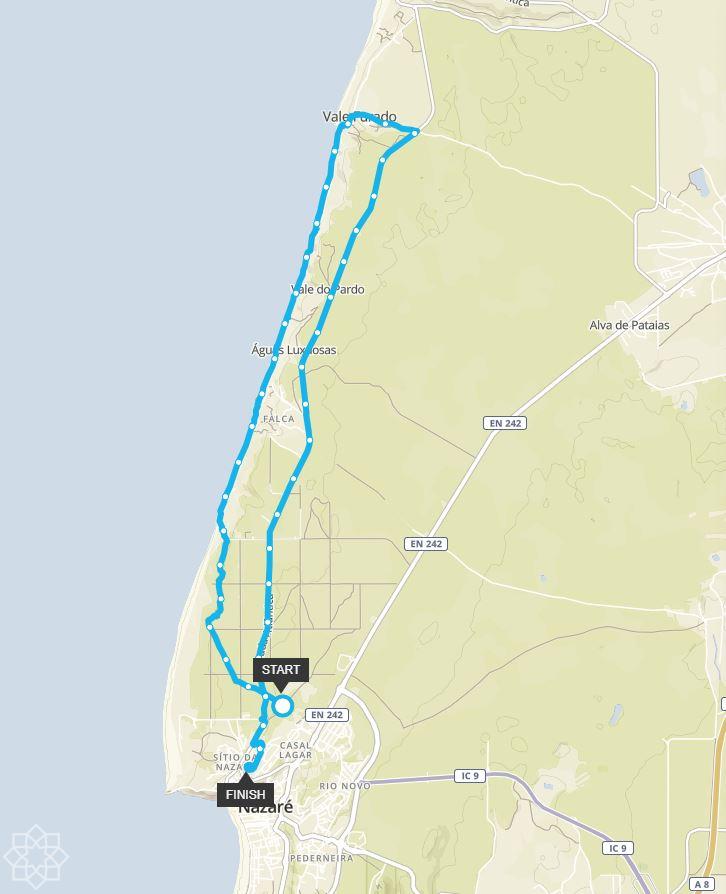 Hela turen 21 km ska starta och gå i mål där det står Finish på kartbilden. Fick inte igång GPS-klockan i tid.
